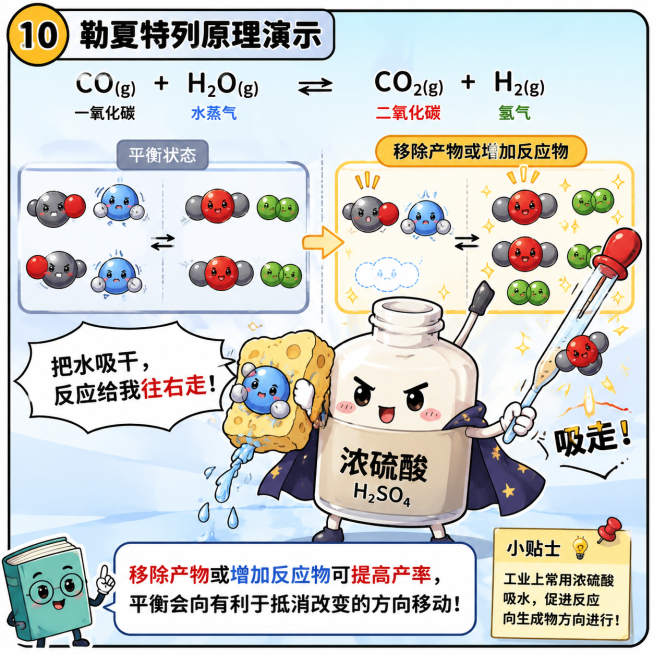 卡通分镜漫画第十格：勒夏特列原理演示，拟人化的浓硫酸拿着海绵吸走水分子/用移液管抽走产物，配文浓硫酸："把水吸干，反应给我往右走！"，旁白：移除产物或增加反应物可提高产率，风格为可爱科普漫画，线条清晰预览效果