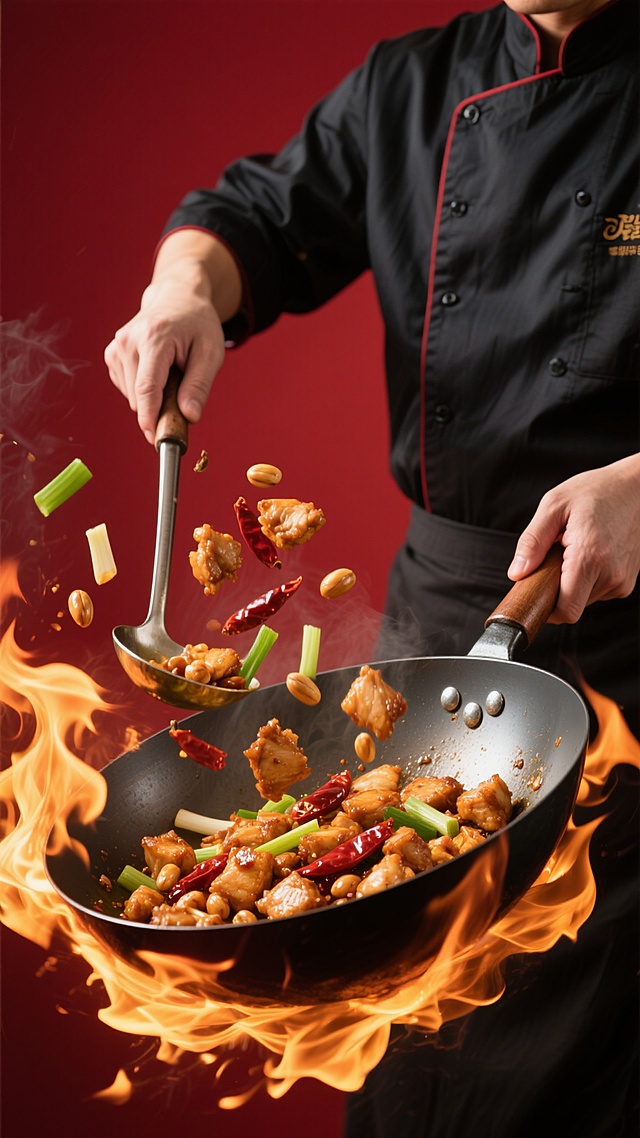 专业厨师正在爆炒宫保鸡丁的动态瞬间，厨师身着深色制服，双手分别持中式炒锅和长柄炒勺，锅中鲜嫩的鸡丁与花生米、葱段、干辣椒在旺盛的火焰中翻飞，火光映照出食材的鲜亮色泽，背景为纯净的深红色，画面充满动感与烟火气，光影对比强烈，突出食材的质感和烹饪的热烈氛围，无任何文字信息。