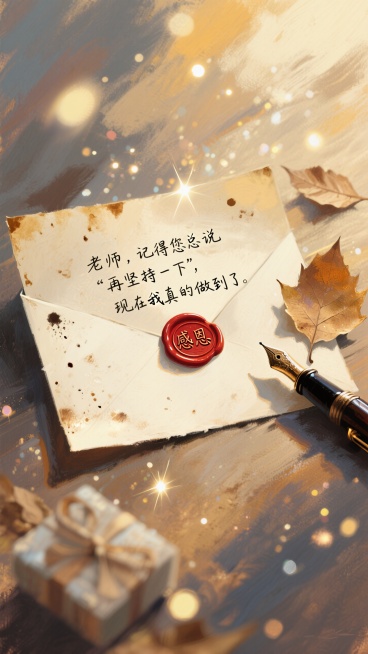背景是“泛黄的信纸纹理”，画面左侧是“一张折叠的信纸”，信纸边缘有“咖啡渍/墨水渍”，信纸展开的部分写着“手写体的感谢语”（如：“老师，记得您总说‘再坚持一下’，现在我真的做到了”），字迹有些歪歪扭扭预览效果