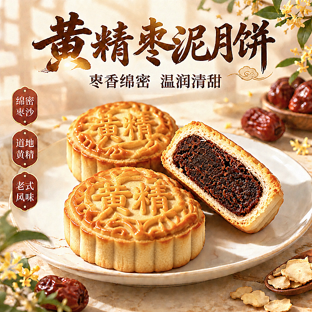 将图中月饼表面的"无恙"字样花纹替换为参考图2中的"黄精"二字花纹样式，保持月饼的形状、枣泥内馅、整体构图、大理石台面背景、桂花红枣装饰、左侧竖排标签和光影风格完全不变，仅修改月饼表面印花文字为黄精，文字雕刻质感与原图一致，自然融入月饼表面，商业美食摄影质感，高清细腻