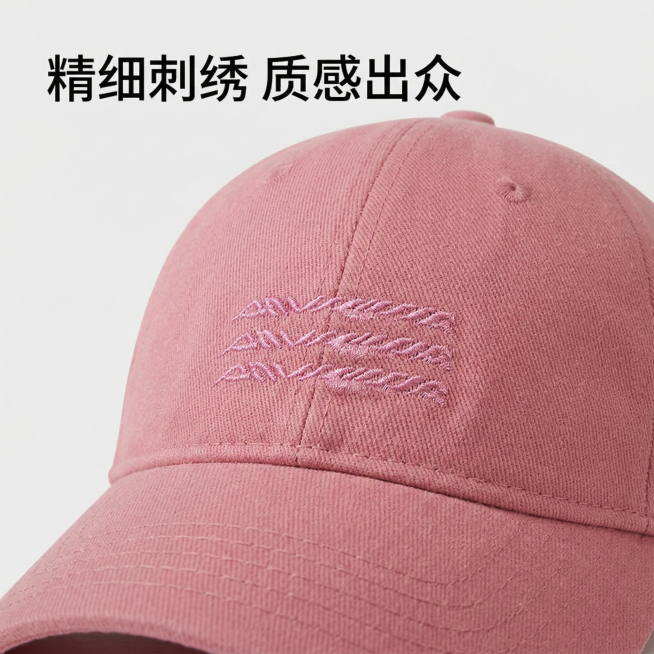 [主图2：细节展示] 粉色软顶刺绣棒球帽细节主图，简约风格，放大展示帽子正面刺绣细节，帽檐走线工艺。保留原有产品款式和粉色配色，浅灰色极简背景，柔和光线突出刺绣肌理和布料质感，背景铺满全屏无边框。文字预览效果