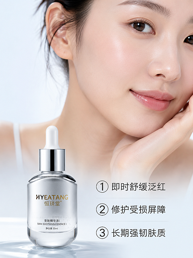 [第5屏] 真人效果屏-亚洲女性局部泛红肌肤使用展示。本屏使用【图5】作为产品融入展示。
[氛围/风格] 真实自然护肤风，柔和干净，突出使用后舒适舒缓状态。
[元素布局] 模特脸颊局部在上半部分，展示泛红改善后的匀净肤色，模特手托脸颊，下半部分左侧放置产品，右下角三个编号利益点，产品外观和输入一致。
[光影质感] 柔焦自然光打亮肌肤，肤质纹理真实自然，产品光影和整体环境统一，阴影柔和不突兀。
[配色色系] 全局底色 #F5F9FC，主色自然肤色，辅助银色产品，深灰文字。
[视角构图] 上人物下产品，自然融合的构图，不做生硬切割，视觉呼吸感舒适。
[文字版式] 左侧三个编号卖点：「① 即时舒缓泛红」「② 修护受损屏障」「③ 长期强韧肤质」，文字排版不遮挡人物和产品，清晰易读。
[比例分辨率] 3:4竖版比例，4K分辨率，文字清晰可辨，高清画质。
[负向提示词] 人物面部扭曲，产品变形，文字遮挡主体，夸张医疗对比，水印，文字错乱。