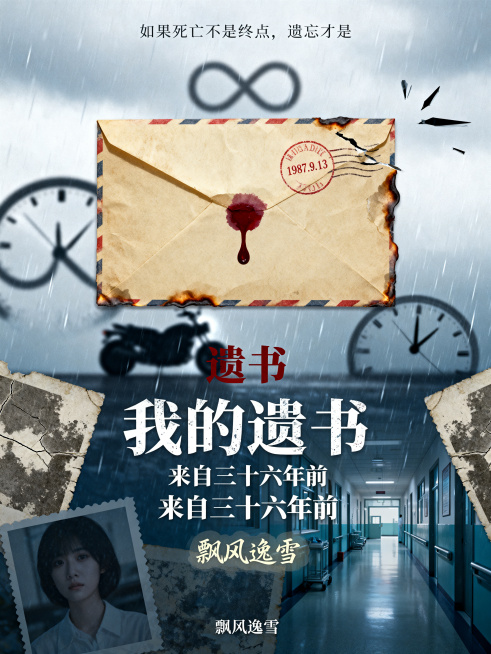 悬疑小说封面，书名"我的遗书 来自三十六年前"，作者"飘风逸雪"，比例3:4，类型为悬疑时间循环情感救赎，风格冷峻文艺充满宿命感和时间错位。背景主色灰蓝色#4A5D6B带有雨雾旧照片感，点缀色暗红#8预览效果