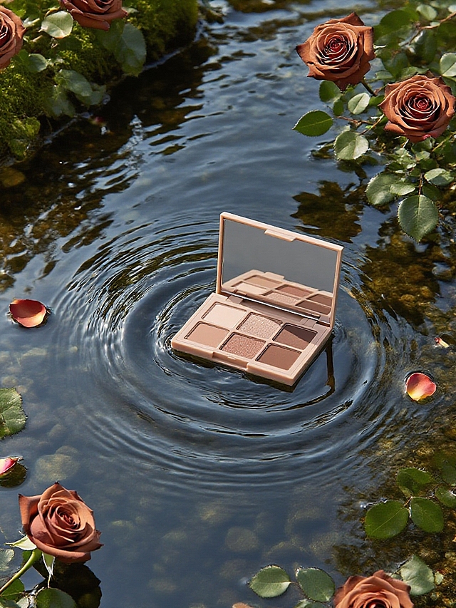 产品在溪流的水面上，眼影盘周围有棕色的玫瑰，玫瑰花瓣、叶子，下方有水波纹，倒影；俯瞰视角