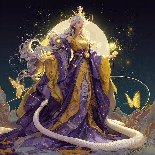 娲皇女娲的数字绘画，以人首蛇身之姿尽显创世神尊的威仪。她银发如瀑，绾以金翠宝冠，眉眼间带着俯瞰苍生的清冷与慈悲；身着金紫相间的华服，绣纹流转如星河，袖摆缀着蝉翼般的蝶饰，于缥缈间似有流光溢彩。下半身的蛇鳞洁白如玉，盘踞于地时隐有瑞气蒸腾。
她左手托着一串月亮，那是补天救世的无上神力凝聚；右手引动金色神纹，如天地法则在掌心流转。身后星河浩瀚，圆月高悬，既彰显其创世之能，又暗含补天的史诗余韵。整体形象将古籍中 “人首蛇身、炼石补天” 的神话特质，与瑰丽的仙神气韵相融，每一处细节都在诉说着这位娲皇作为创世母神的威严、慈爱与不朽功绩。