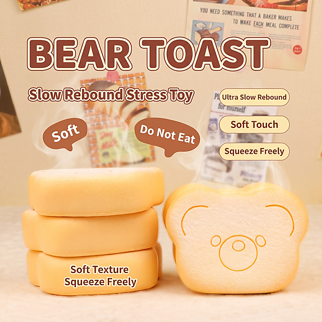 将图片中的所有中文替换为英文，翻译对应文字：熊熊吐司->Bear Toast，慢回弹解压玩具->Slow Rebound Stress Toy，湿软->Soft，不可食用->Do Not Eat，超慢回弹->Ultra Slow Rebound，手感柔软->Soft Touch，任意揉捏->Squeeze Freely；第二张图：手感软嫩->Soft Texture，随意揉捏->Squeeze Freely。添加柔光滤镜优化效果，让产品看起来如同新鲜刚出炉的面包，保持产品形状和整体构图不变