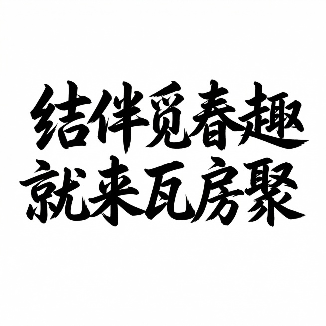 纯白色背景，纯文字，无其他装饰，黑色字体，字体样式和风格参考参考图中的艺术字，文字内容为“结伴觅春趣 就来瓦房聚”预览效果