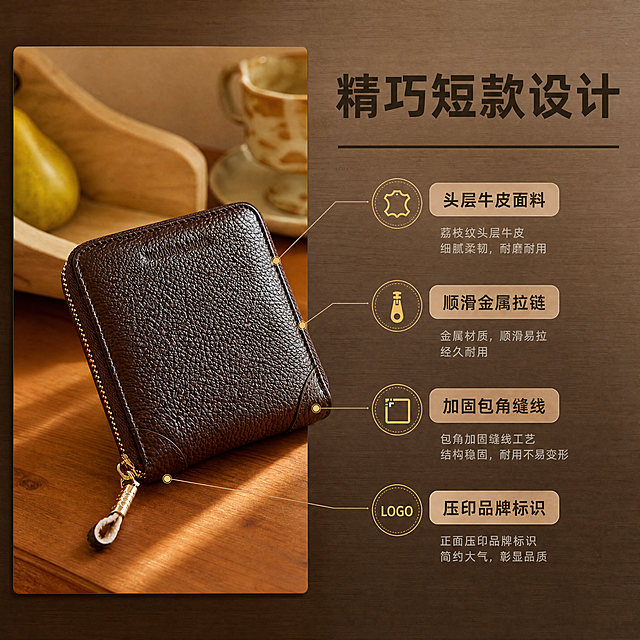 [商品] 使用【图8】啡色短款拉链钱包；商品处理：保留方形短款结构、荔枝纹头层牛皮、金属拉链、包角缝线、正面压印Logo、颜色和比例；增强皮纹质感和五金高光，自然理顺皮面。
[画面] 目标：包型与结构解析页，展示整体比例与关键结构。构图：左图右文，左侧产品区约60%，右侧文字区约40%；主体位置：画面左侧居中，钱包正面微侧放置；主体占比约55%；摆放角度：正面45度侧视角；景别：中近景；阅读动线：右侧标题→4条引线标注→产品；前中后景：前景木质桌面、中景钱包、后景虚化木托盘与杯子；场景：温暖木质桌面场景，柔和自然光。
[视觉] 套系策略：风格=简约高级商务休闲质感商业摄影；标题字=现代简约无衬线粗体；正文字=简洁无衬线体；主色=深棕暖调；背景延展=基于深棕暖调做深浅层级、同色渐变和细腻木纹/纸张质感；强调色=暖金色，仅用于小面积图标、引线和标签；标题色=深炭棕；正文色=中暖灰；组件=圆角浅棕信息卡、细线引线；光影=左前侧暖柔光，柔和阴影。
[文字] 右上主标题"精巧短款设计"，从钱包引出4条细线标注：「头层牛皮面料」「顺滑金属拉链」「加固包角缝线」「压印品牌标识」；文字不遮挡钱包主体。
[规格] 图片比例1:1方形，4K，避免变形、错字、文字过小、冷蓝/蓝灰背景、钱包颜色改变、版型失真、极限词。