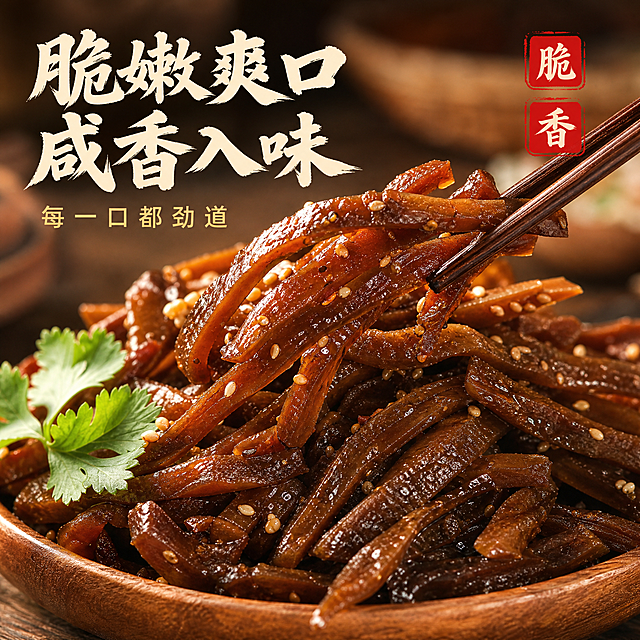 [主图-3] 细节与口感，微距纹理种草主题。
[统一基调] 抖音食品主图风格，暖调国风酱菜质感，背景主色深棕木纹+暖黄自然光，标题字色米白+浅金，强调色朱红，字体为粗厚国风书法标题+细黑体辅助，整体高食欲高对比，文字清晰不遮挡主体。
[画面] 画面主体为超近距离微距拍摄的五香大头菜丝特写，满满一木碗深褐透亮的大头菜丝，根根分明，表面泛着酱色油光，能看到细微的香料颗粒附着，展现脆嫩紧实的质感；碗边点缀少许白芝麻和一片香菜叶增加色彩层次。背景是深棕色木质桌面虚化。右下角有一双筷子正要夹起大头菜丝的局部动态。
[光影质感] 暖光侧逆光打在大头菜丝上，每一根都有通透的酱色高光，酱汁反光明显，纹理清晰可见，碗边有柔和阴影，整体极致微距美食摄影质感，食欲感强烈。
[配色] 深褐酱色为主色调，木碗暖棕色，白芝麻点缀，香菜叶绿点缀，背景深棕虚化，整体浓郁暖调。
[文字版式] 左上角大标题"脆嫩爽口 咸香入味"书法体米白色，下方小字"每一口都劲道"细黑体浅金色；右上角两个朱红小印章标签，竖排写"脆""香"两个大字白色。文字放在画面上方负空间，不遮挡大头菜丝主体。
[输出要求] 1:1正方形比例，2K高清，大头菜丝微距纹理清晰，酱汁油亮有食欲，文字清晰。禁止变形、错字、模糊、杂乱、水印、平台Logo。