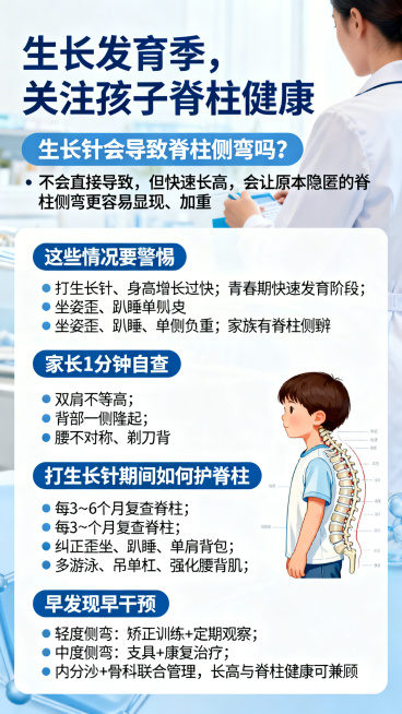 健康科普图文海报，标题"生长发育季，关注孩子脊柱健康"，内容布局：
开头疑问：生长针会导致脊柱侧弯吗？
回答：不会直接导致，但快速长高，会让原本隐匿的脊柱侧弯更容易显现、加重。
板块标题"这些情况要警预览效果