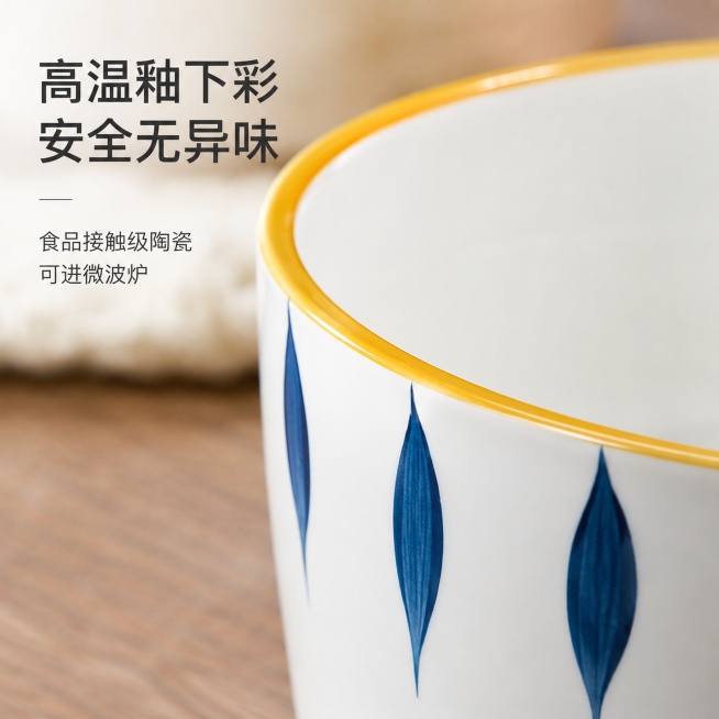 「图片1」，生成一套主图（10张），汤碗家用日式手绘双耳大碗创意餐具个性汤盆陶瓷带盖泡面碗网红   不带耳朵口径尺寸18cm  带耳朵口径尺寸23.5cm 高7.5「图片1」适配拼多多平台，主图比例为预览效果