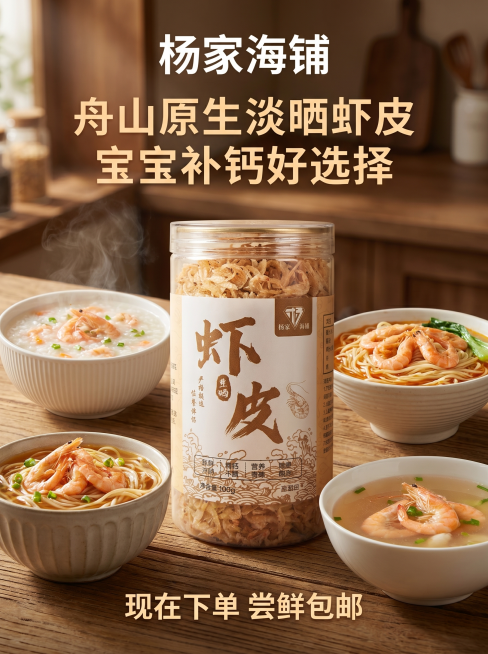 [详情图10] 品牌收尾引导下单。[氛围风格] 温馨有感染力，促进最终转化。[画质] 商业摄影质感，光线柔和通透，产品清晰真实，画面干净高级。[元素] 罐装虾皮搭配几碗做好的美食（粥、面、汤）整体摆放预览效果