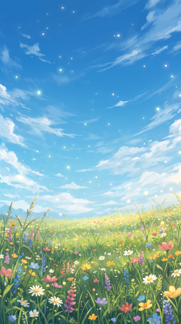 去掉图中的小男孩和所有吹出来的泡泡，保留原本的蓝天草地花海和整体的插画风格，保持画面自然连贯预览效果