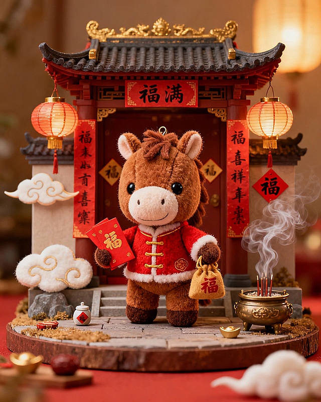 软3D风格的拟人化小马，身着国潮风唐装，手持红包与福袋，置身中式门楼前，毛发生长质感细腻，搭配灯笼、香炉等元素，营造喜庆祥和的春节氛围。