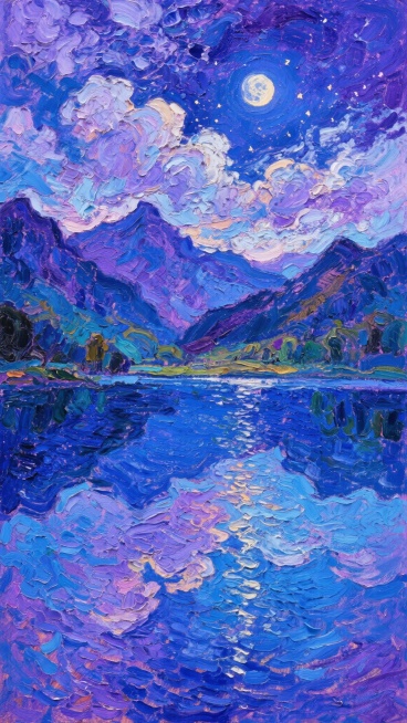 梵高风格印象派油画，夜空，月亮，云朵，山脉，湖泊，无人物，大师级作品，最佳质量，笔触灵动，色彩丰富，光影变化，湖面倒影，深邃的靛蓝和紫罗兰夜空，月光下的山脉剪影，湖面倒映天空和山脉，星星点缀，动态笔触预览效果