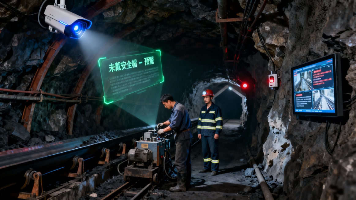 煤矿井下巷道场景，以采掘工作面为背景，呈现岩壁、支护架与运输皮带等典型元素。画面中央是一名未佩戴安全帽的矿工正在操作设备，其身旁另一名工人规范穿着反光服并戴好安全帽，形成行为对比。顶角处安装着一台带有预览效果