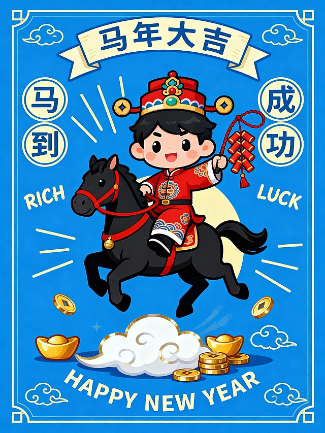 国潮风插画，卡通拟人小人骑马持鞭炮，剪纸元素点缀，喜庆蓝底配金云元宝，寓意马到成功、新年大吉。