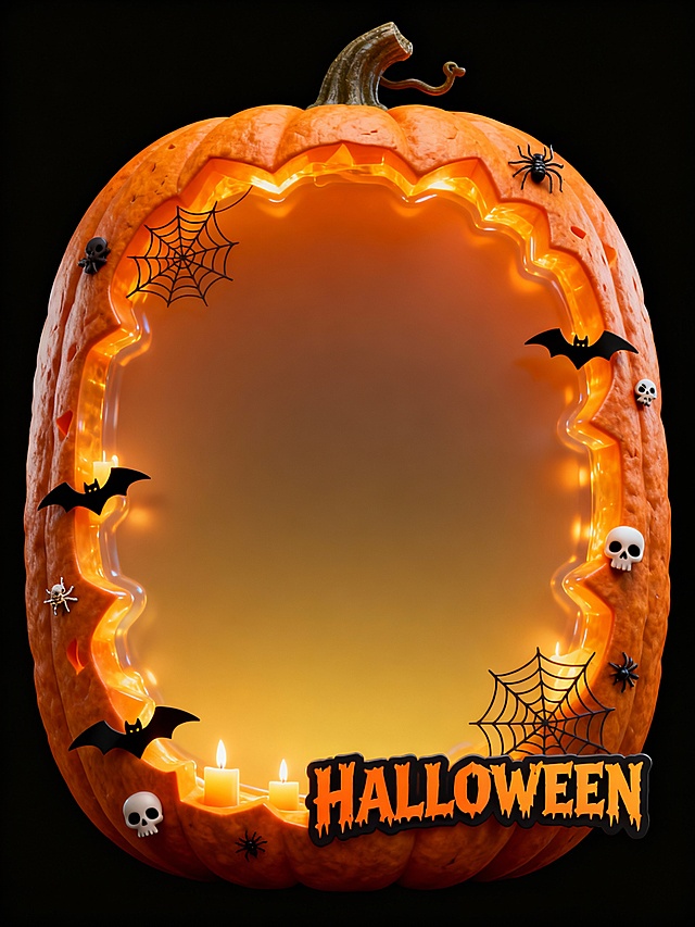 C4D材质红包框架，风格诡趣灵动且满含南瓜氛围，3D立体感鲜明。边框以雕刻南瓜灯的弧形轮廓为主创意，表面复刻南瓜的粗糙肌理与灯内烛火的暖光漫反射质感，融合迷你蝙蝠剪影、蜘蛛网纹路、骷髅头小装饰等元素点缀；边框整体融合哑光南瓜材质、半透明烛火材质，环绕出圆润复古的轮廓，右下角标有“HALLOWEEN”大字字母（字体带锯齿毛边，贴合万圣节诡趣感）；标题框架内为橙黄到暗金的暖调渐变色彩，框架外背景为纯黑色，通过材质的暖光质感凸显万圣节南瓜灯的神秘氛围
