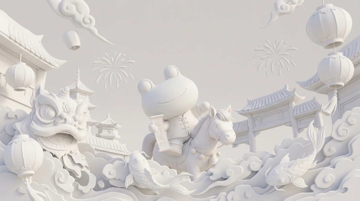 生成精细的基础白膜渲染图，画面中的可爱拟人化青蛙IP骑着一匹可爱的白色马，手里拿着“马到成功”横幅，具有明确的体积感和姿态，穿着新年主题服饰。周围的祥云、灯笼、烟花、舞狮、锦鲤等春节元素都呈现出三维立预览效果