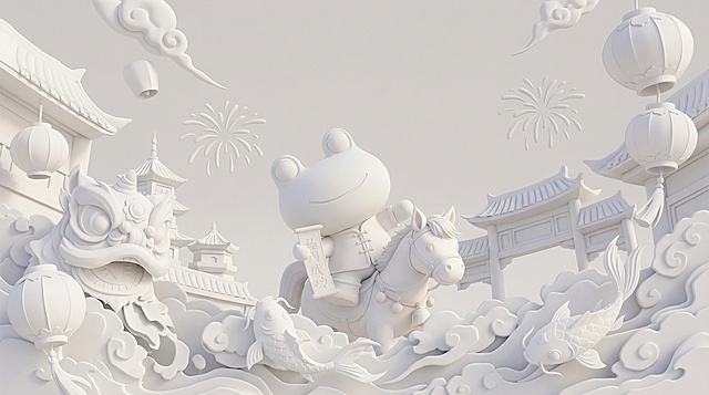 生成精细的基础白膜渲染图，画面中的可爱拟人化青蛙IP骑着一匹可爱的白色马，手里拿着“马到成功”横幅，具有明确的体积感和姿态，穿着新年主题服饰。周围的祥云、灯笼、烟花、舞狮、锦鲤等春节元素都呈现出三维立体感，中式传统建筑背景有清晰的几何结构。画面采用柔和的漫反射光照，营造出整体的层次感和空间深度，无材质和颜色，只有纯净的白色模型，突出光影和体积。