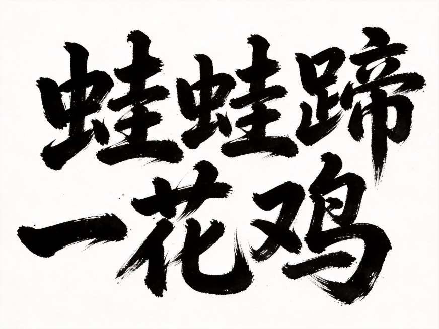 干净的纯白色背景。平面艺术字体设计，五个字“蛙蛙蹄花鸡”，所有文字单行横向排列，豪放草书风格，毛笔大字，一气呵成行云流水，墨色浓黑饱满，带有飞白枯笔和自然晕染纹理。仅包含这五个字：“蛙”、“蛙”、“蹄预览效果