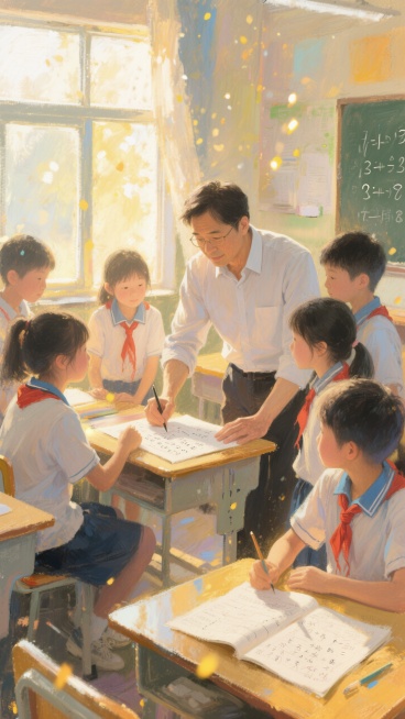 课间的教室里，学生围着教师请教问题，桌上摊开的练习册、教师手边的草稿纸，阳光透过窗户洒在人身上预览效果