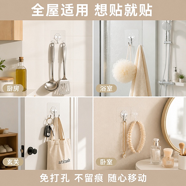 强力无痕粘钩多场景使用展示图，2x2宫格拼图形式，四个场景分别展示粘钩在不同空间的应用。左上是厨房场景，透明粘钩贴在白色瓷砖墙上挂着不锈钢汤勺和锅铲，旁边有浅色橱柜与橄榄油瓶；右上是浴室场景，粘钩贴在玻璃淋浴门上挂着浴球和毛巾，背景有淋浴花洒；左下是玄关场景，粘钩贴在白色门后挂着钥匙和帆布手提袋，旁边有鞋架一角；右下是卧室场景，粘钩贴在浅色墙纸上挂着项链和发箍，旁边有梳妆台一角。四个场景光影统一，都是明亮自然光风格，生活气息浓厚。每个场景中的粘钩都保持透明方形底座、梅花形透明卡扣、银色金属弯钩的外观，与输入产品图绝对一致，杜绝变形和色差。宫格之间有细白色分隔线，画面满屏无边框。顶部通栏大标题文字为全屋适用 想贴就贴，白色粗体无衬线字体。每个宫格左下角有场景标签文字：厨房 浴室 玄关 卧室。底部居中文字：免打孔 不留痕 随心移动。1:1比例，文字清晰锐利，超高清商业摄影质感，四宫格光影风格统一。