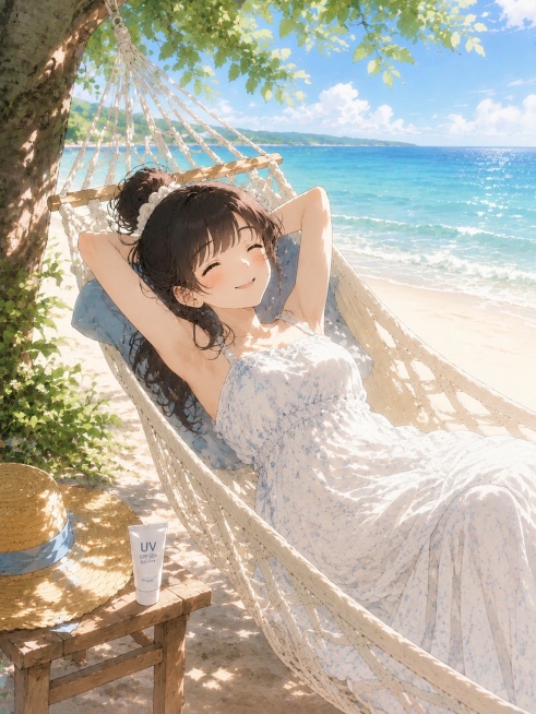 保持原有构图：女生躺在海边吊床上，旁边放着防晒霜和防晒帽，仅修改裙子为更长长度，完全遮盖女生腿部不露出腿，保留日系动漫插画风格和明亮治愈的氛围色调预览效果