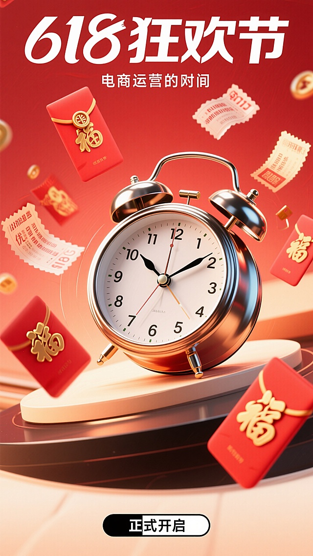 3D风轻拟物设计，喜庆红包与闹钟结合，营造618狂欢节的热烈氛围。