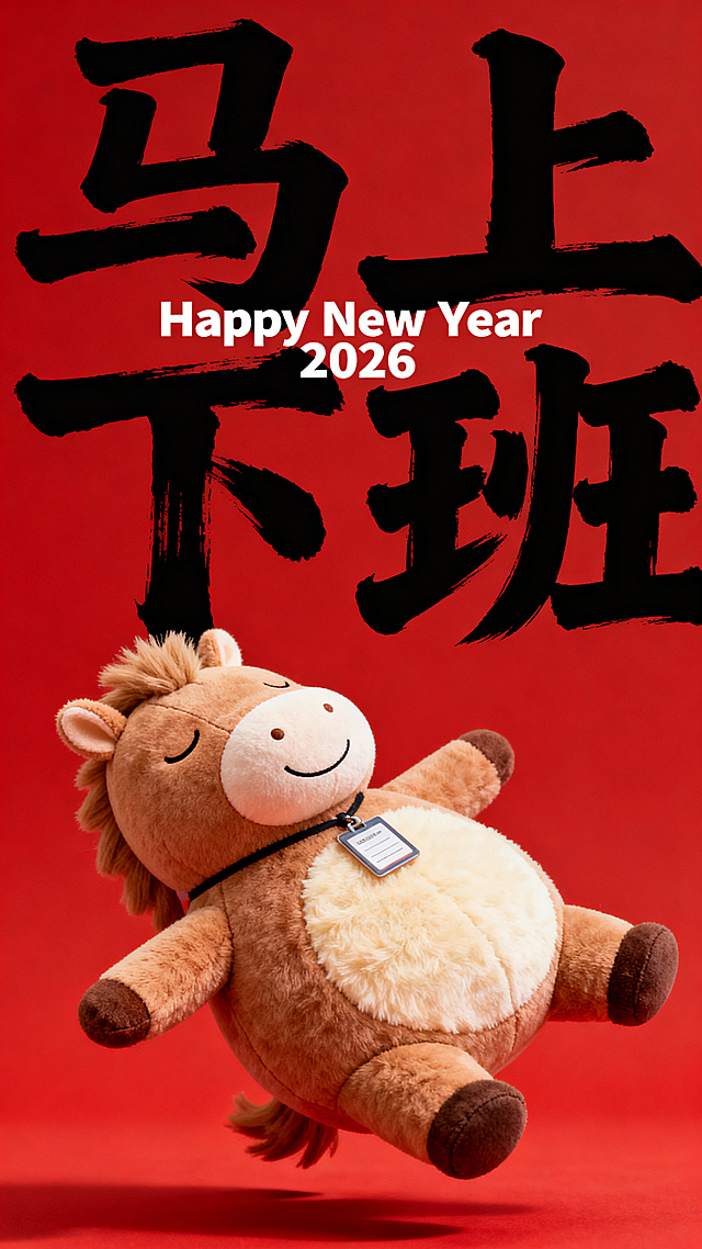 喜庆红底搭配毛绒马玩偶，软3D风格呈现可爱卡通感，大字风书法“马上下班”呼应新年主题，毛发生长质感与面料纹理增强触觉体验，传递2026年新春欢乐氛围。