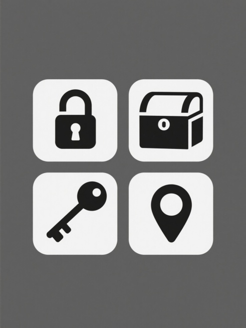 极简主义风格图标集合，纯色背景，每个图标采用单一颜色填充，线条流畅圆润，无渐变无阴影，包含四个不同元素：左侧上方是黑色锁链图标，左侧下方是黑色钥匙图标，右侧上方是黑色宝箱图标，右侧下方是黑色地图图标，四个图标呈2x2网格规整排布，整体色彩变换为统一的单一黑色，保持原图简约、扁平化的设计风格。预览效果