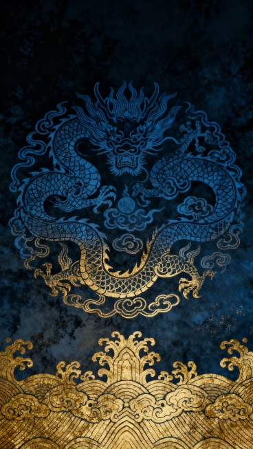 中国传统暗纹图案，整体采用深蓝色与金色渐变色调，保留原图中龙纹与祥云纹样的繁复线条和对称构图，保持暗纹在深色背景上的低调质感与细腻纹理，延续国风古典庄重的氛围，无文字及装饰元素，仅呈现纯粹的传统纹样设计。预览效果