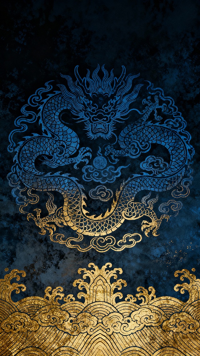 中国传统暗纹图案，整体采用深蓝色与金色渐变色调，保留原图中龙纹与祥云纹样的繁复线条和对称构图，保持暗纹在深色背景上的低调质感与细腻纹理，延续国风古典庄重的氛围，无文字及装饰元素，仅呈现纯粹的传统纹样设计。