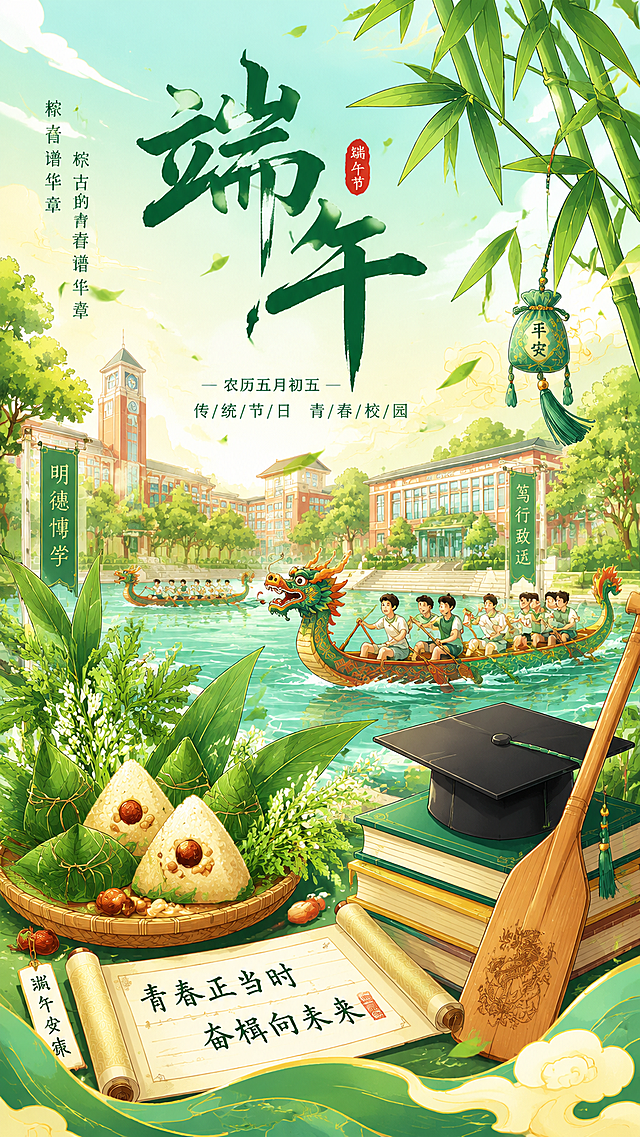 端午节主题海报，国潮插画风，明亮清新，大学校园场景融入粽子、龙舟、艾草端午元素，装饰有粽子、竹叶、书卷、学士帽、龙舟桨，青春活力氛围，传统节日与校园结合，主色调竹绿+粽叶青+暖黄，海报设计