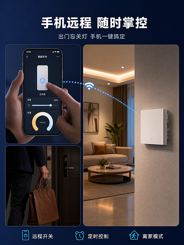 [商品] 使用【图1】交通白单键零火智能开关；保留单键结构、白色哑光材质、侧面散热结构和指示灯，产品外观与输入图完全一致。
[画面] 第5张 手机远程控制功能页，目标展示出门在外也能远程控制灯光。左右分栏版式，左侧上半部分是一只手拿着智能手机，手机屏幕显示华为智慧生活APP控制界面，有开关按钮、亮度调节条、色温调节环，手指正在点击；左侧下半部分是出门场景：玄关处、手提包、钥匙，暗示已出门；右侧是安装在客厅墙面上的智能开关，灯光亮起，有淡蓝色WiFi信号从手机指向开关，体现远程连接。
[视觉] 套系策略：风格=高级科技简约商业摄影；标题字=现代无衬线粗体；正文字=简洁无衬线体；主色=深空蓝紫；背景延展=基于蓝紫做深浅渐变、科技光效、几何线条、细腻台面质感；强调色=科技蓝，仅用于小面积图标、引线、标签和光效；标题色=白色；正文色=浅灰蓝；组件=圆角半透明卡片、细线引线、线性图标；光影=自然室内柔光，手机屏幕有柔和发光，信号光效淡蓝色。
[文字] 顶部居中主标题「手机远程 随时掌控」，白色粗体大字；主标题下方副标题「出门忘关灯 手机一键搞定」，浅灰蓝小字；底部放3个功能标签：「远程开关」「定时控制」「离家模式」，白色小字配科技蓝图标；手部结构自然，无畸形。
[规格] 比例3:4竖版，4K，避免变形、错字、手部畸形、产品悬浮、水印、平台Logo。