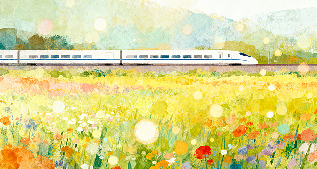 莫奈印象派油画，高铁横穿画面中部，车身水平居中，上下是田野花海，模糊柔和笔触，斑驳光斑，暖调柔和色彩，画布肌理，横向风景油画