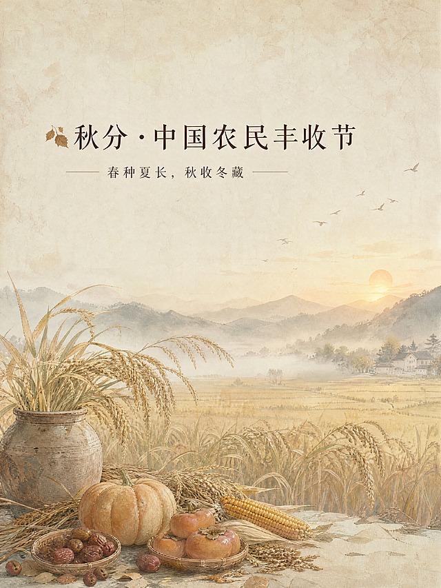 岚食序国风丰收主题海报，淡彩写意氛围感，宣纸质感，低饱和暖调，米黄、浅褐、青灰配色，意境悠远，表达耕耘收获，留白充足，无人物特写，无二维码占位区域。

远景：朦胧秋日田野麦田，稻穗低垂，淡淡的金色夕阳光晕，薄雾缭绕，远山如黛。
中近景：近处摆放谷穗、古朴陶罐、秋收果实（柿子、玉米、南瓜、红枣），自然散落，富有生活气息。

顶部预留充足标题位置，主标题文字："🍂秋分・中国农民丰收节"，副标题文字："春种夏长，秋收冬藏"，文字采用雅致宋体/楷体，深褐色，排版精美，居中或偏左上方。

整体风格：国风新中式工笔淡彩，手绘水彩质感，宣纸纹理底纹，低饱和度暖色调，金色夕阳光线柔和洒落，光影朦胧，意境悠远，留白充足，构图疏朗有致，8K高清，超精细画质。