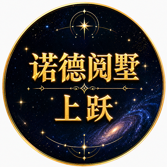 保持参考图的星空梦幻风格圆形徽章不变，金色边框、星空底色、星芒装饰、银河元素全部保留。将中央文字改为两行：第一行"诺德阅墅"，第二行"上跃"，居中对齐。文字保持同款金色立体发光字体，第一行字号稍大，第二行字号稍小，整体布局平衡美观。与整体星空风格协调统一。尺寸174x174像素。