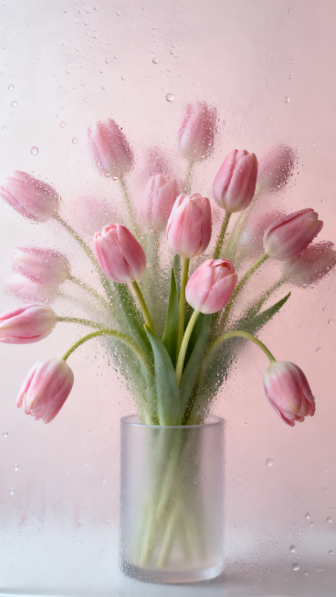 轻奢艺术背景图，背景为柔和的淡粉色渐变，带有细腻的磨砂玻璃水珠肌理，营造朦胧梦幻的氛围，画面中心是一束透过磨砂玻璃的粉色郁金香，淡淡的唯美含苞未放，花苞大大的、饱满、略低垂，花朵繁茂充满整个画面打破空预览效果