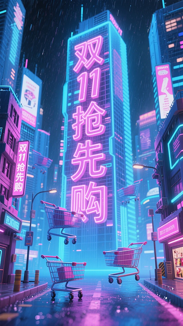 赛博朋克风城市夜景，霓虹灯辉映“双11抢先购”大字，悬浮购物车穿梭雨中，粒子光效交织未来感与梦幻光影，虚拟现实氛围拉满。