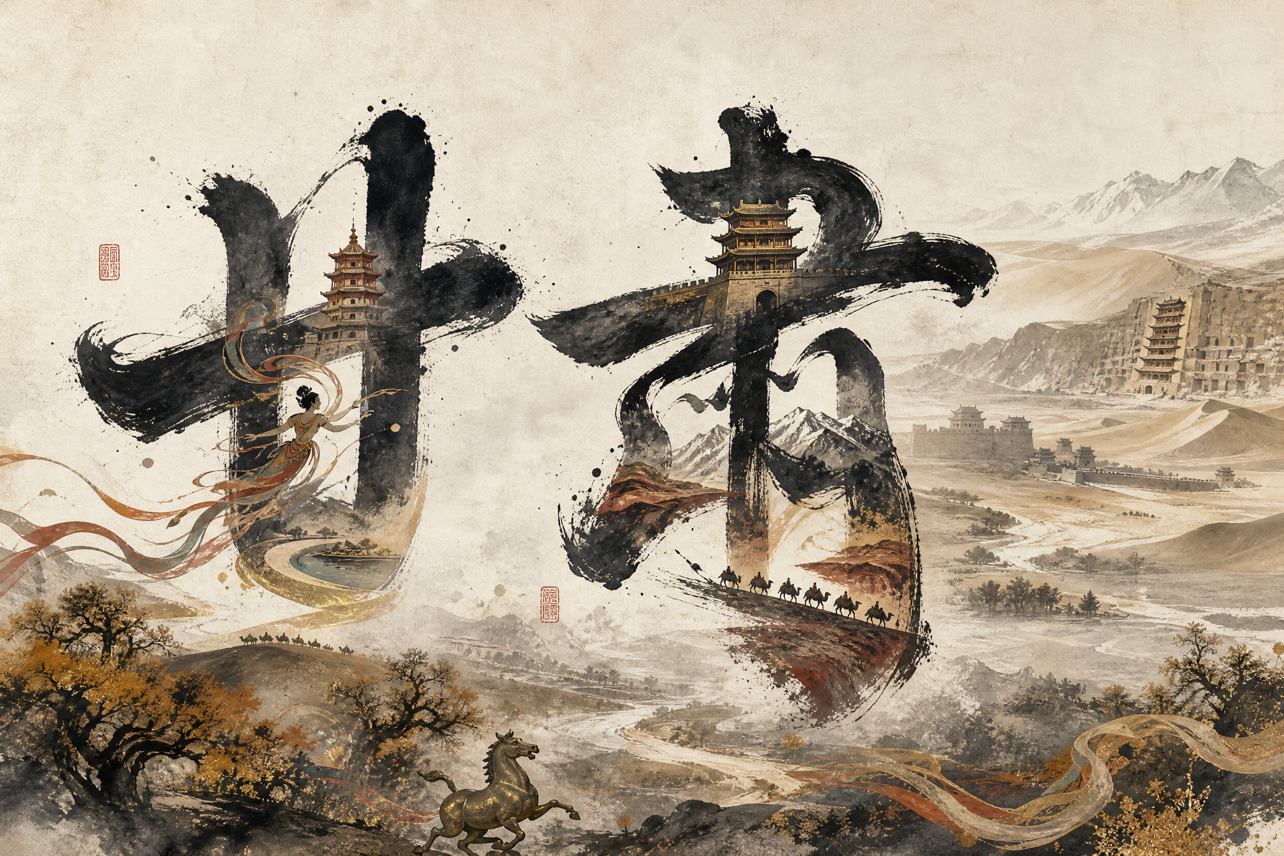 甘肃省水墨风海报，横版宽幅3:2构图，宣纸纹理背景，东方美学，… - 图片创意预览