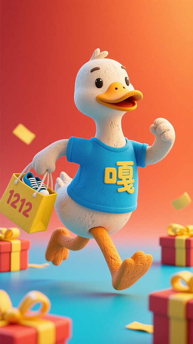 软3D风格的拟人小鸭，身穿印有“嘎”字的蓝色T恤，手提“1212”购物袋，奔跑于礼盒间，充满可爱、卡通与喜庆的促销氛围。