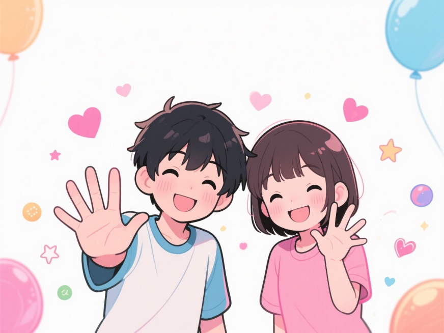 漫画风格，一对男孩女孩面带微笑，做出“请进”的手势，白色背景，周围点缀着粉色桃心、星星和彩色气球等小物体，整体画面活泼可爱，充满欢迎的氛围预览效果