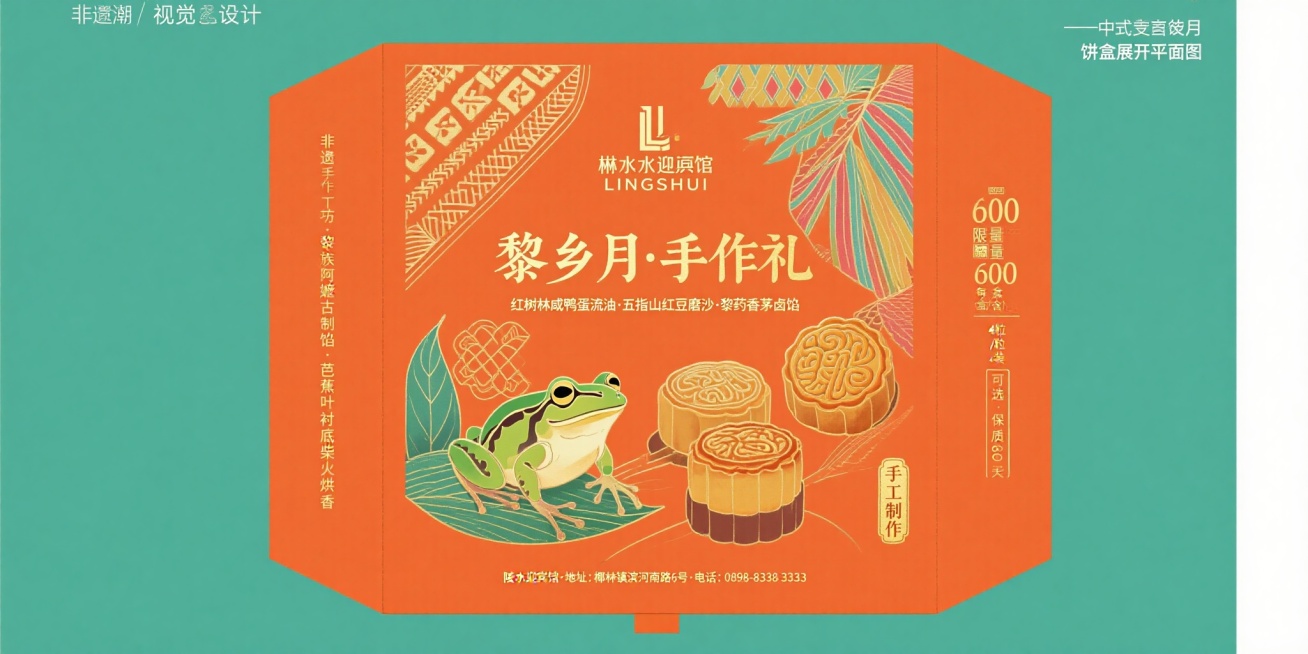 新中式复古风格月饼盒展开平面图，包含正面、左侧面、右侧面、底部，橙色背景，金色丝印，黎族非遗纹样如蛙纹、几何图腾。正面居中艺术字“黎乡月·手作礼”，下方金色小字“红树林咸鸭蛋流油·五指山红豆磨沙·黎药预览效果