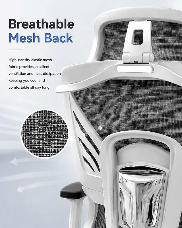 Ergonomic office chair product feature introduction image, breathable mesh close-up detail background, the chair back mesh material highlighted, with English title "Breathable Mesh Back" and feature description text "High-density elastic mesh fabric provides excellent ventilation and heat dissipation, keeping you cool and comfortable all day long", modern minimalist layout, commercial product photography style, premium texture