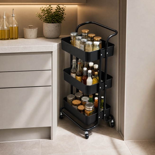 [Scene Image - 2] Black 3-tier rolling storage cart placed in narrow gap beside kitchen cabinet, sho预览效果