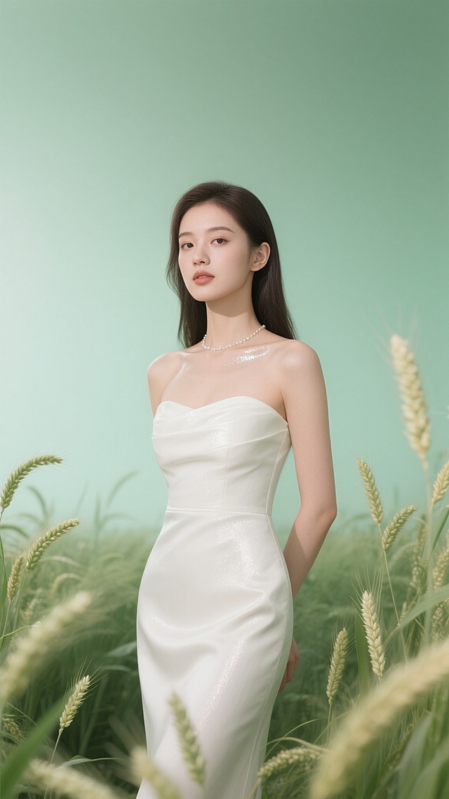 高级医美模特，明星代言人，成年少女，全身摄影，45°侧面，幼态混血五官，锁骨与面部有珠光高光，苹果肌高光处理，面部泛着油光，妆容精致，白色高级优雅大气抹胸礼服裙，微雕皮肤细腻光泽纹理可见，身体皮肤白皙，超清画质，浅绿色渐变背景，背景绿色小麦元素，前景虚化，场景高级丰富，64K，超清商业摄影