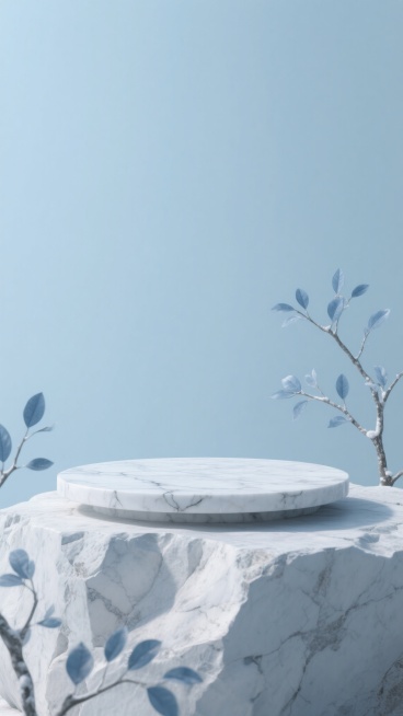 超写实3D渲染风格，柔和的冷色调（淡蓝色、浅灰色、银灰色），柔和的侧逆光，低饱和度光影效果，画面中央是一块圆形的白色大理石台面，表面有自然的纹理和细微的裂痕，台面平稳地放置在粗糙的白色岩石基座上，岩石基座边缘有自然的风化痕迹，周围环绕着几枝带有青蓝色叶片的纤细树枝，树枝从画面右侧和左下角伸出，叶片呈现出冬季的清冷色彩，背景是纯净的淡蓝色天空，整体营造出宁静、自然、极简且带有一丝禅意的氛围，画面……预览效果