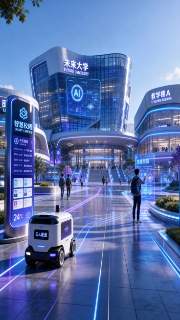 智慧校园主题，竖屏构图，现代科技感场景，校园建筑融合智能科技元素，蓝紫色科幻色调，明亮干净的光效，未来感十足的数字化校园环境，高清质感预览效果