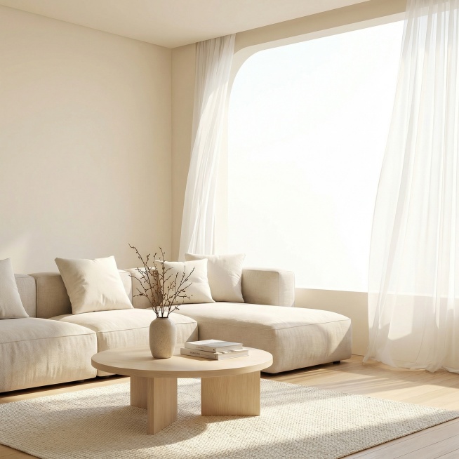 延续原图柔和奶油色调、简约治愈风格，生成明亮客厅窗边场景，摆放浅色系沙发与简约茶几，光线通透预览效果